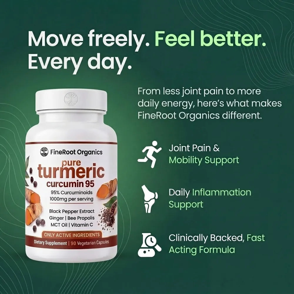 FineRoot turmeric bottle with benefits: joint and mobility support, daily wellness support