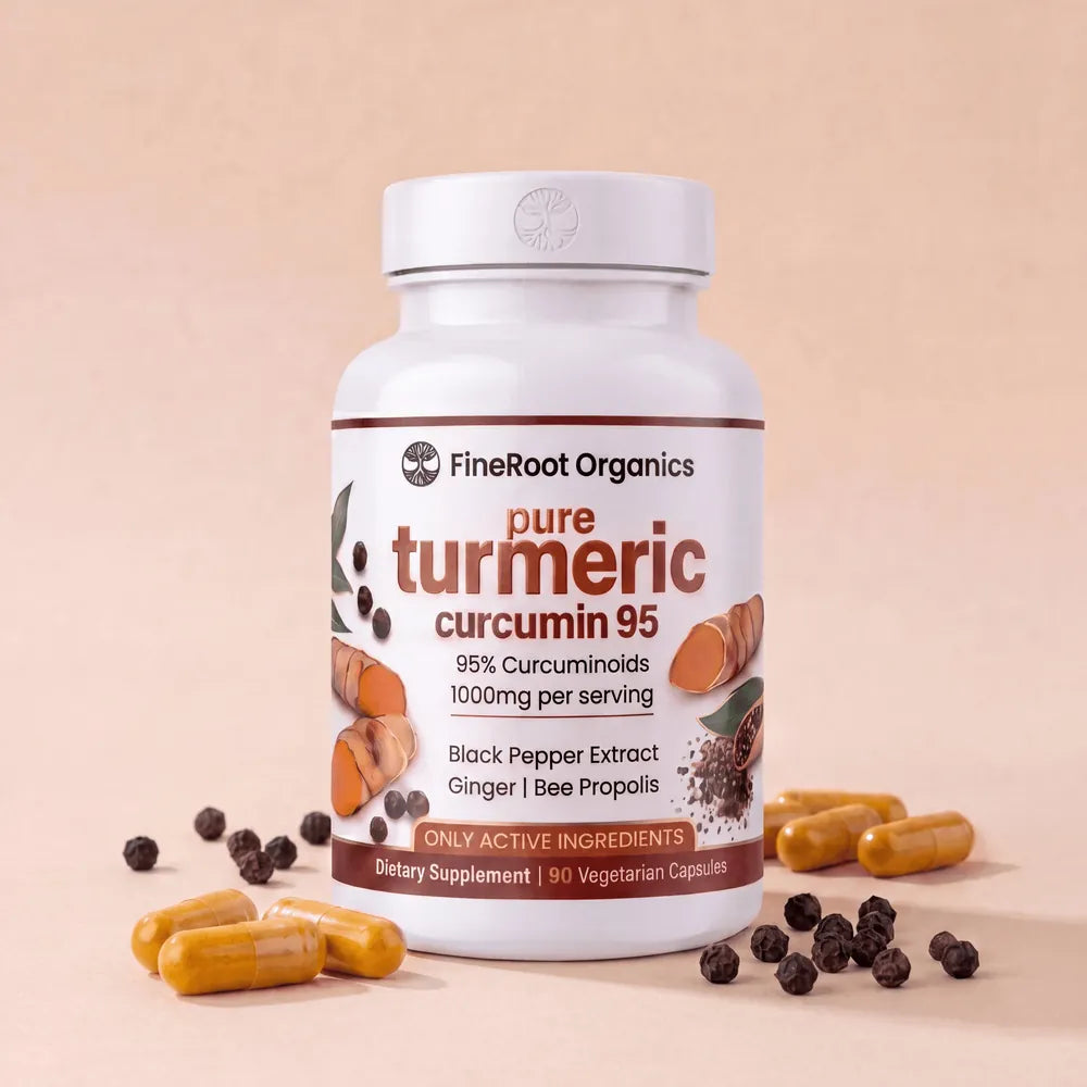 FineRoot Organics Pure Turmeric Curcumin 95 bottle, 90 vegetarian capsules, with capsules and black peppercorns