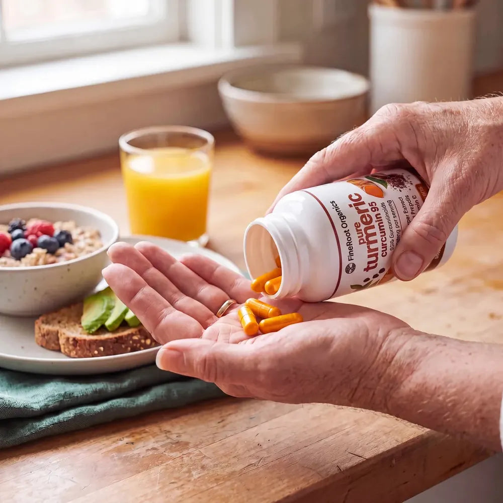 Hand pouring FineRoot turmeric capsules from the bottle at a breakfast table