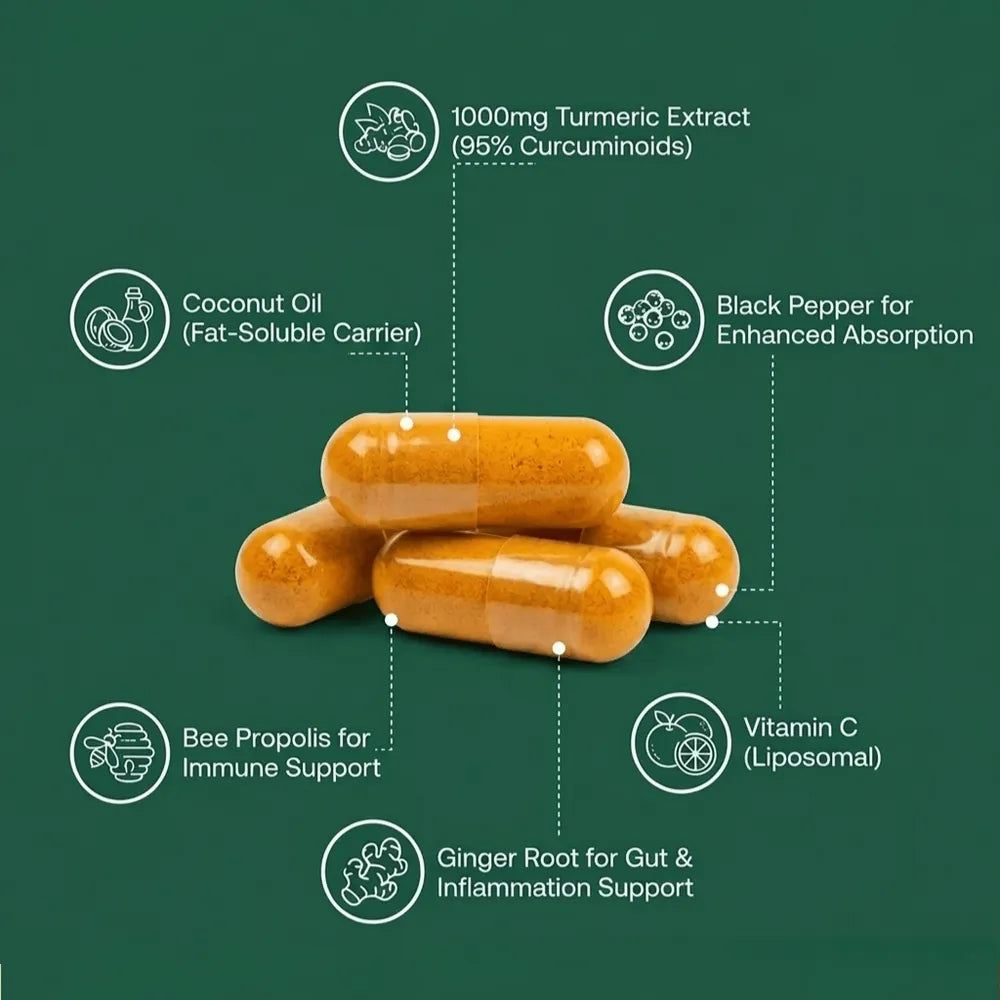 FineRoot capsules with each ingredient labeled: turmeric extract, black pepper, coconut oil, bee propolis, ginger, vitamin C