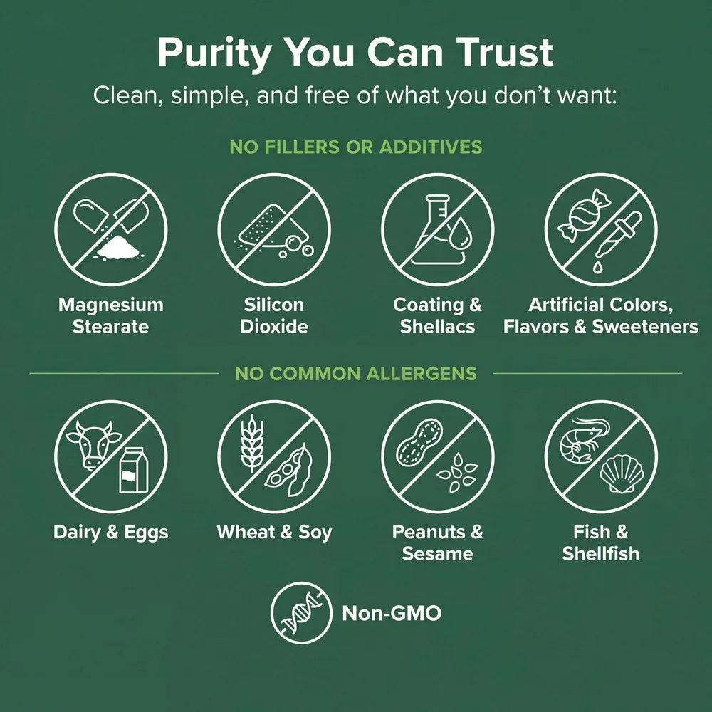 Purity you can trust: no magnesium stearate, silicon dioxide, coatings or artificial colors